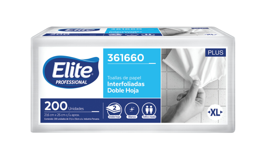 PAPEL TOALLA INTERFOLIADO ELITE DOBLE HOJA XL PAQ X 200 HOJAS 361660